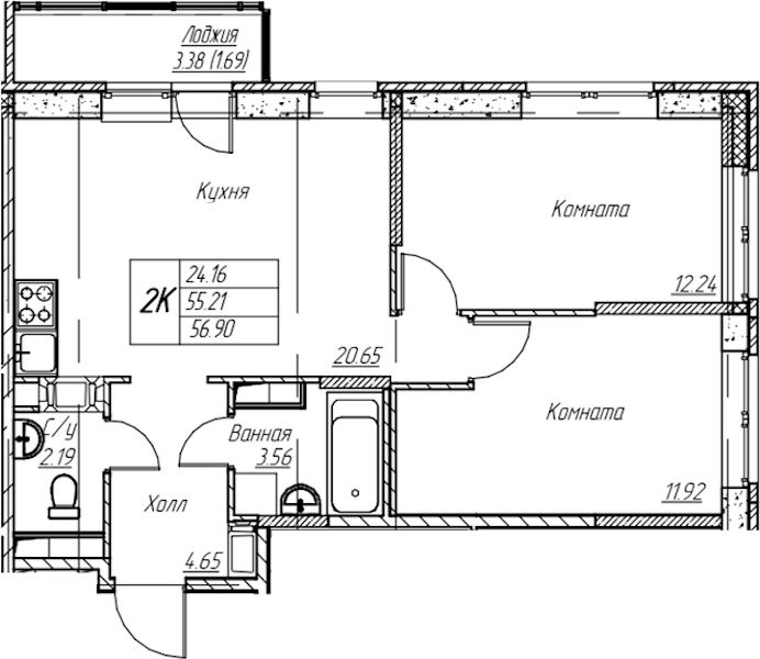 2-комнатная квартира 56.9 м², 22/22 эт., ЖК «Парк-квартал Юнтолово»